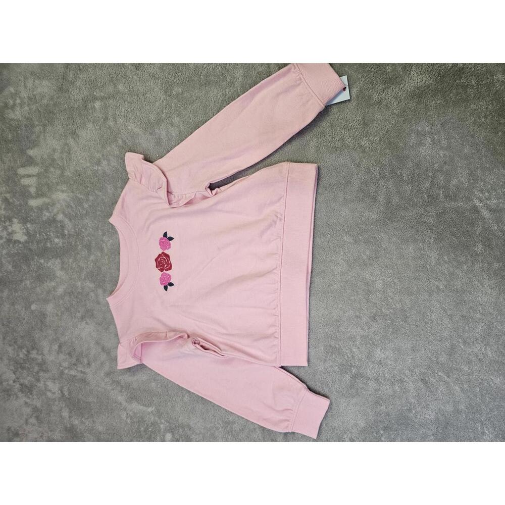 New Cat & Jack Girls Long Sleeve Pull Over Sweater W/Ruffles Pink W/Roses XS 4/5